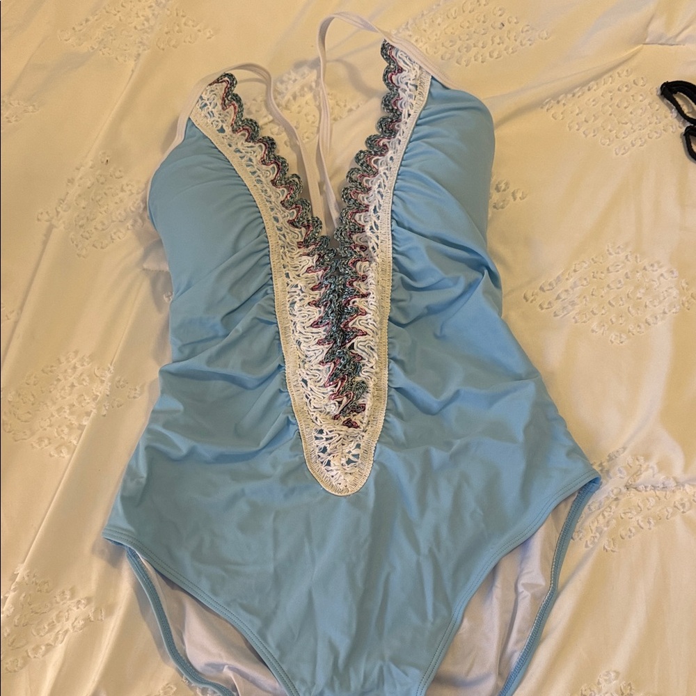 Blue Crochet Trim One Piece Bathing Suit 🩱 - Picture 2 of 4